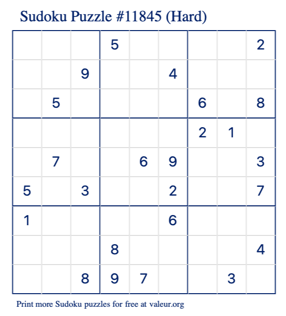 Free Printable Hard Sudoku Puzzle number 11845