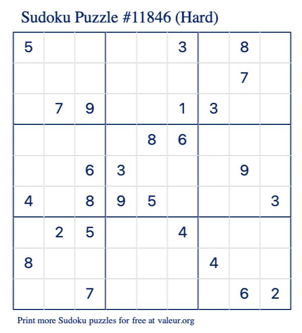 Free Printable Hard Sudoku Puzzle number 11846