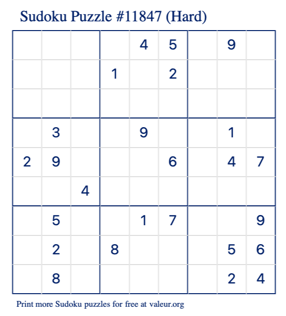 Free Printable Hard Sudoku Puzzle number 11847