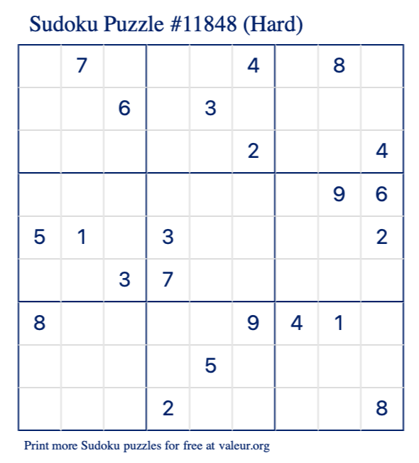 Free Printable Hard Sudoku Puzzle number 11848