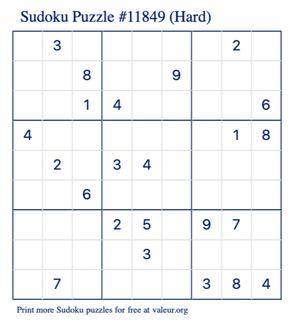 Free Printable Hard Sudoku Puzzle number 11849