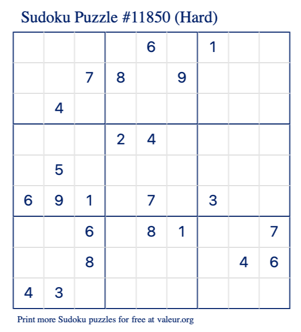 Free Printable Hard Sudoku Puzzle number 11850