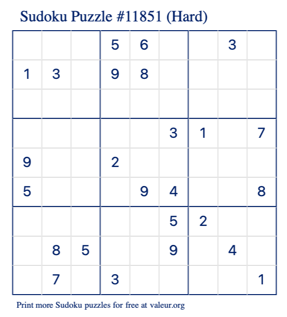 Free Printable Hard Sudoku Puzzle number 11851