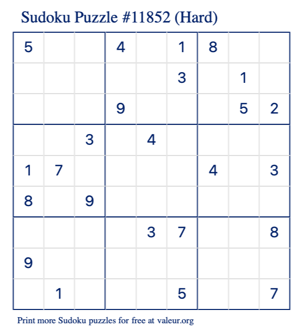 Free Printable Hard Sudoku Puzzle number 11852