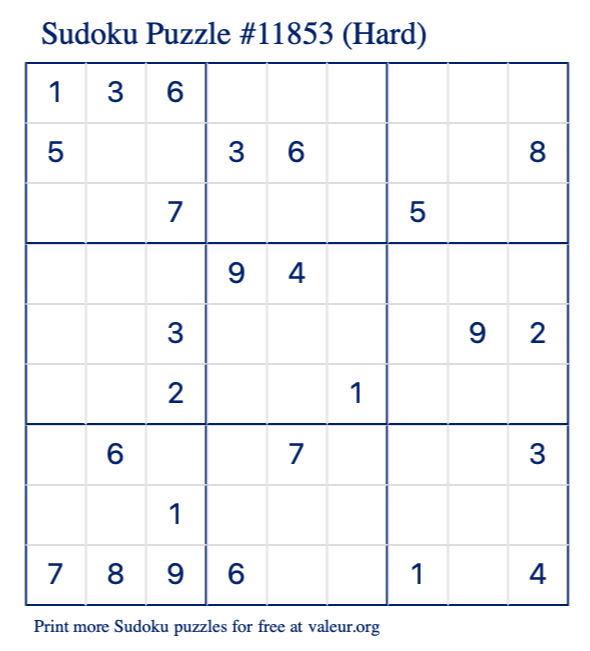 Free Printable Hard Sudoku Puzzle number 11853