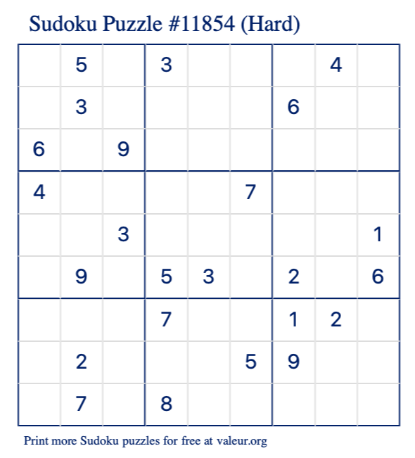 Free Printable Hard Sudoku Puzzle number 11854