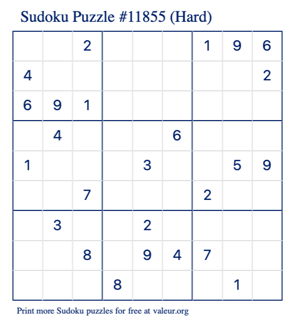 Free Printable Hard Sudoku Puzzle number 11855