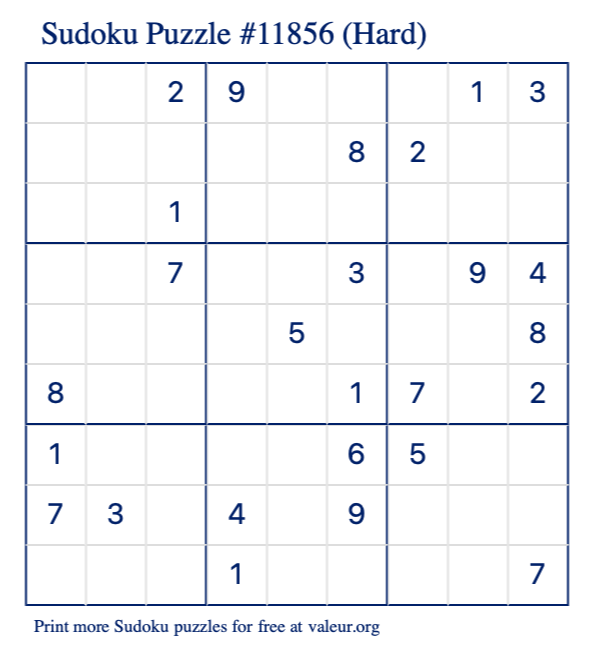 Free Printable Hard Sudoku Puzzle number 11856