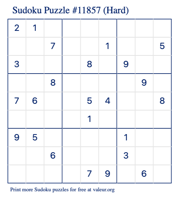 Free Printable Hard Sudoku Puzzle number 11857