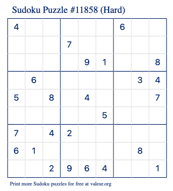 Free Printable Hard Sudoku Puzzle number 11858