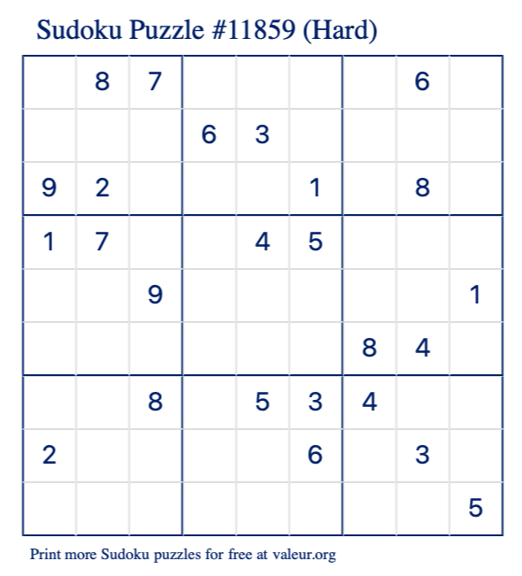 Free Printable Hard Sudoku Puzzle number 11859