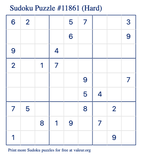 Free Printable Hard Sudoku Puzzle number 11861