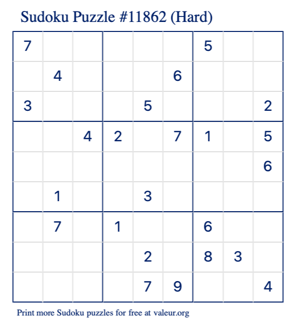 Free Printable Hard Sudoku Puzzle number 11862