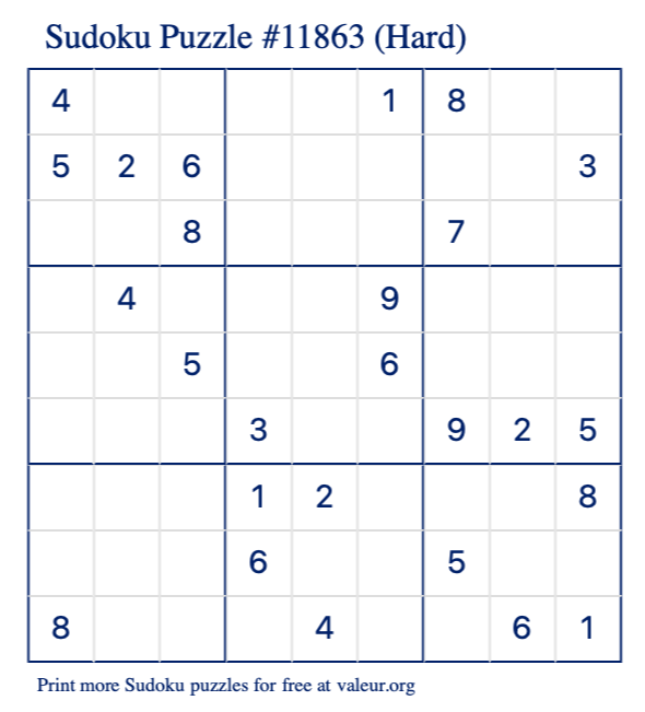 Free Printable Hard Sudoku Puzzle number 11863