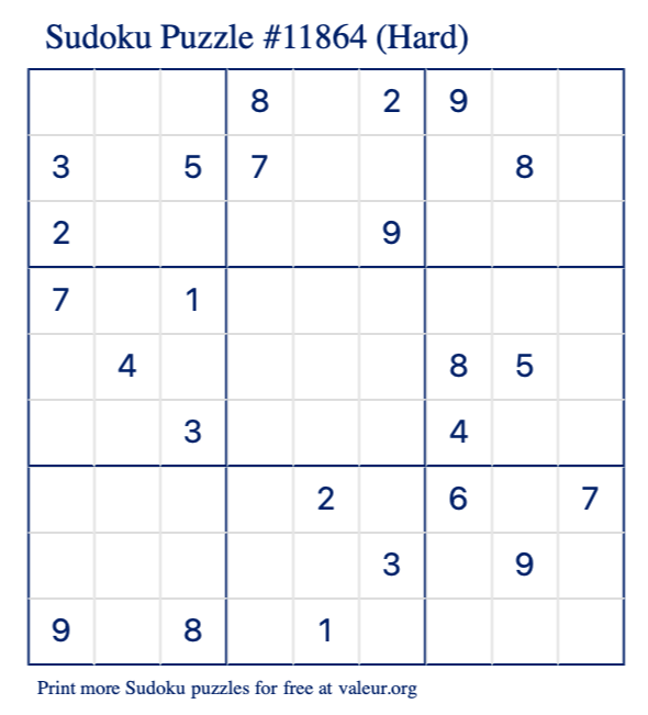 Free Printable Hard Sudoku Puzzle number 11864