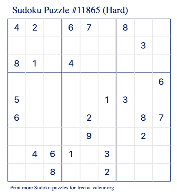 Free Printable Hard Sudoku Puzzle number 11865