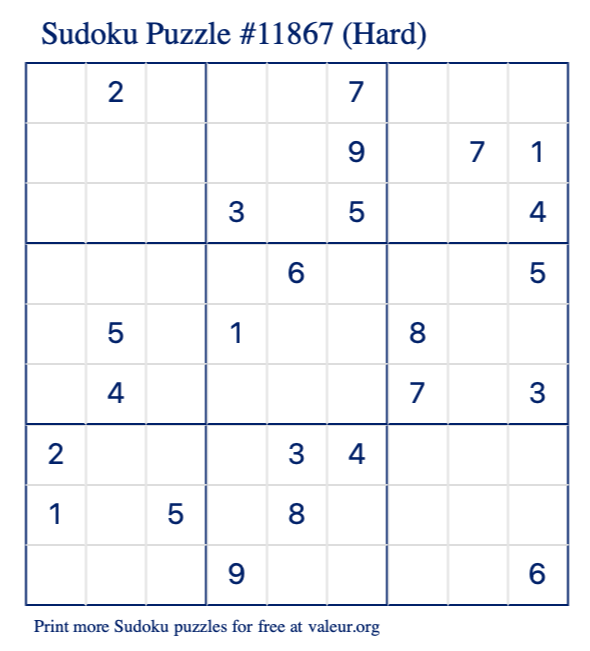 Free Printable Hard Sudoku Puzzle number 11867