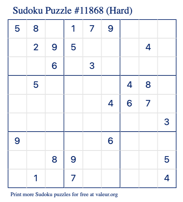 Free Printable Hard Sudoku Puzzle number 11868