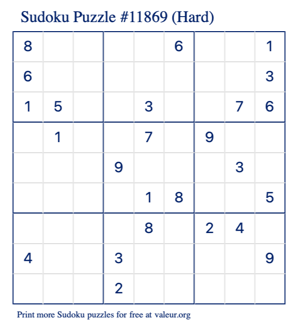 Free Printable Hard Sudoku Puzzle number 11869