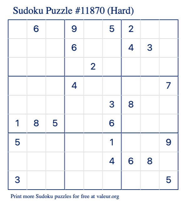 Free Printable Hard Sudoku Puzzle number 11870