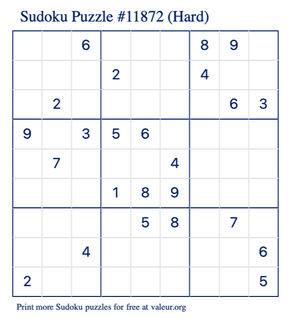 Free Printable Hard Sudoku Puzzle number 11872