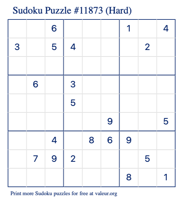 Free Printable Hard Sudoku Puzzle number 11873