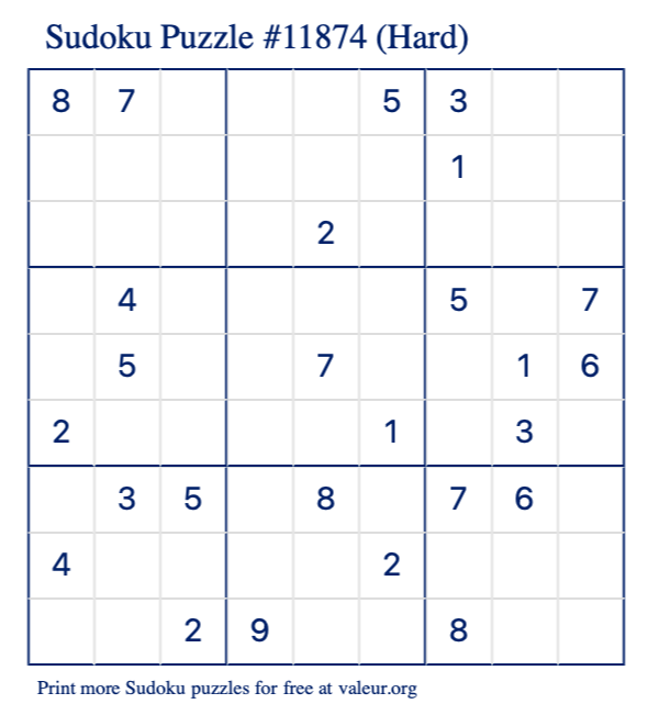 Free Printable Hard Sudoku Puzzle number 11874