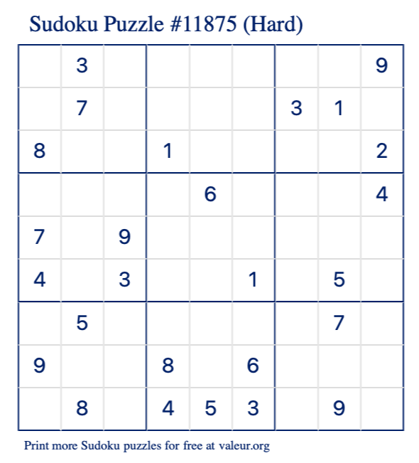 Free Printable Hard Sudoku Puzzle number 11875