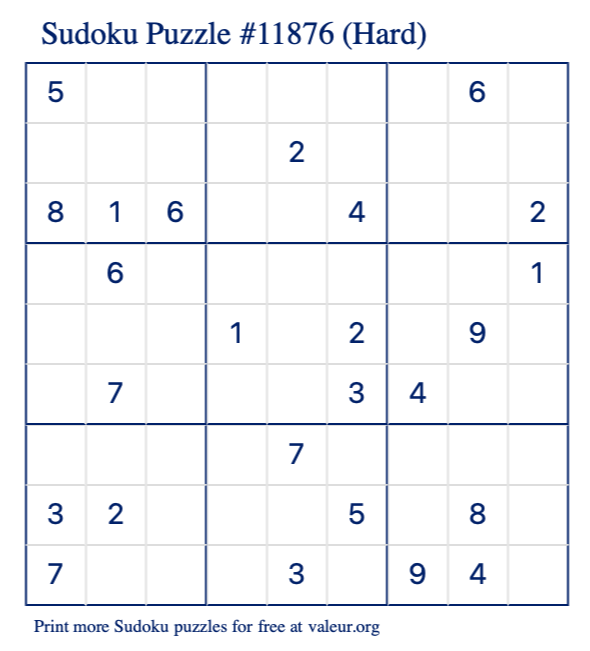 Free Printable Hard Sudoku Puzzle number 11876