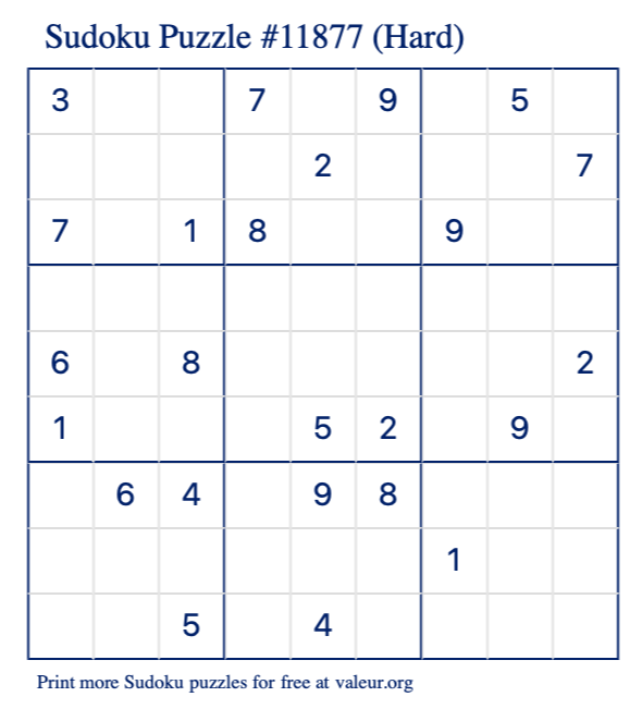 Free Printable Hard Sudoku Puzzle number 11877