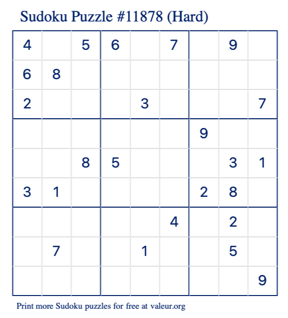 Free Printable Hard Sudoku Puzzle number 11878