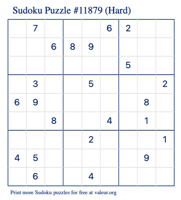 Free Printable Hard Sudoku Puzzle number 11879