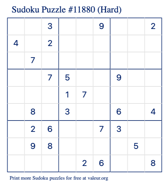 Free Printable Hard Sudoku Puzzle number 11880