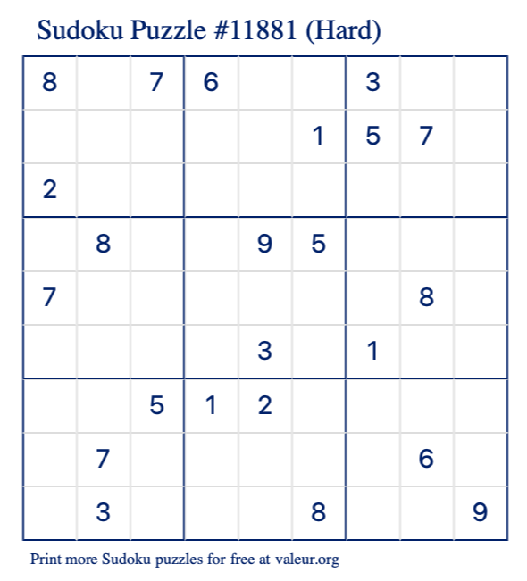 Free Printable Hard Sudoku Puzzle number 11881