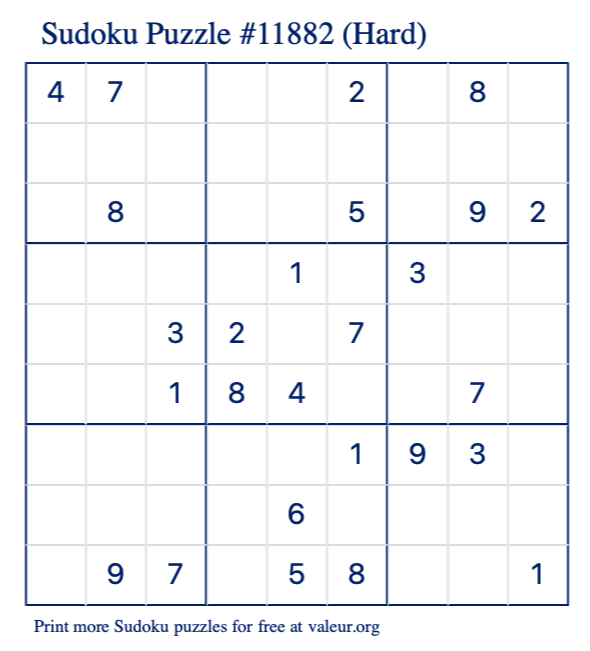 Free Printable Hard Sudoku Puzzle number 11882