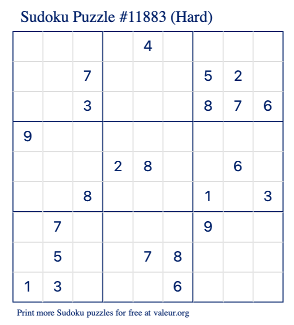 Free Printable Hard Sudoku Puzzle number 11883