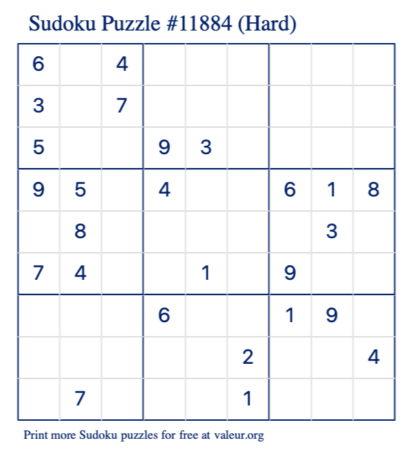 Free Printable Hard Sudoku Puzzle number 11884