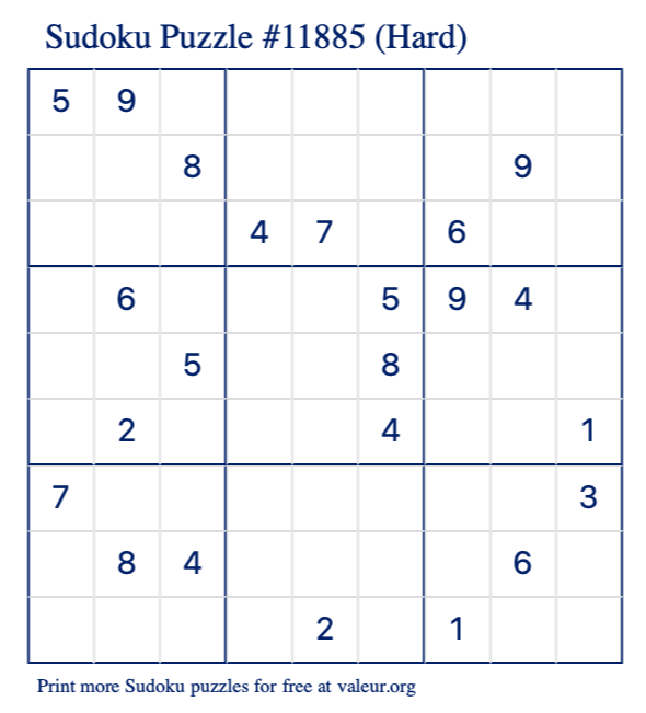 Free Printable Hard Sudoku Puzzle number 11885