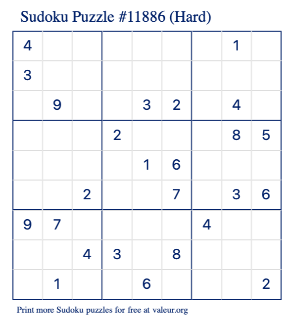 Free Printable Hard Sudoku Puzzle number 11886