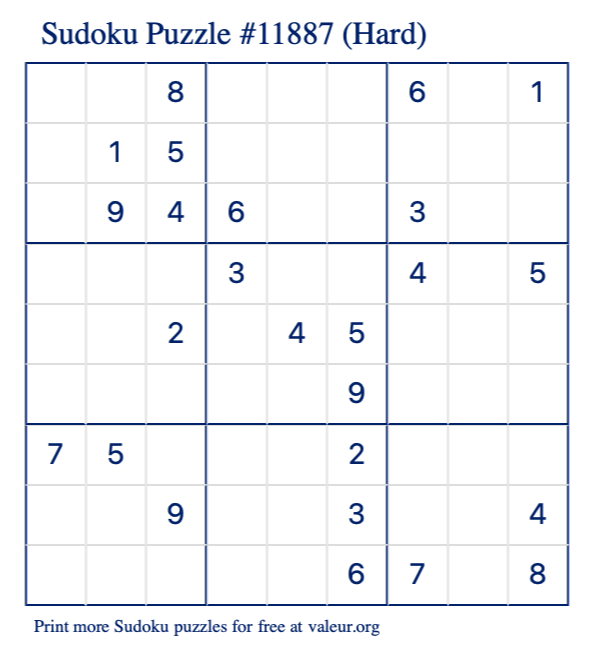 Free Printable Hard Sudoku Puzzle number 11887