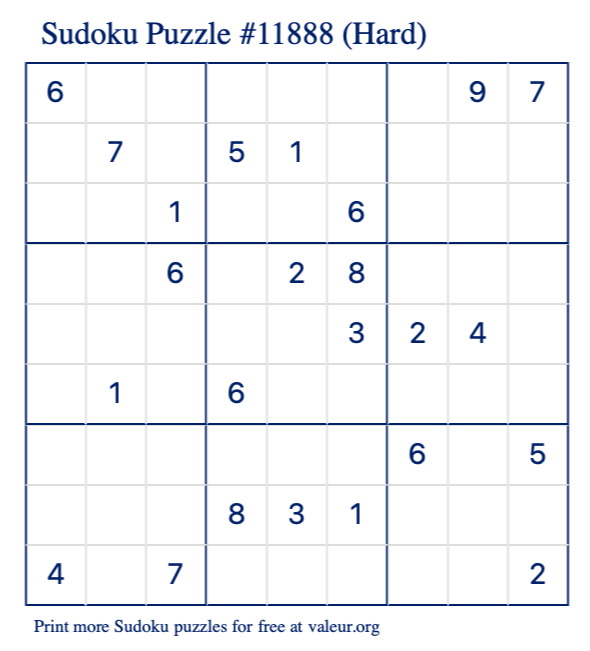 Free Printable Hard Sudoku Puzzle number 11888