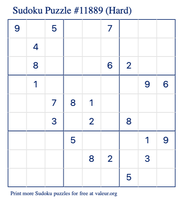 Free Printable Hard Sudoku Puzzle number 11889