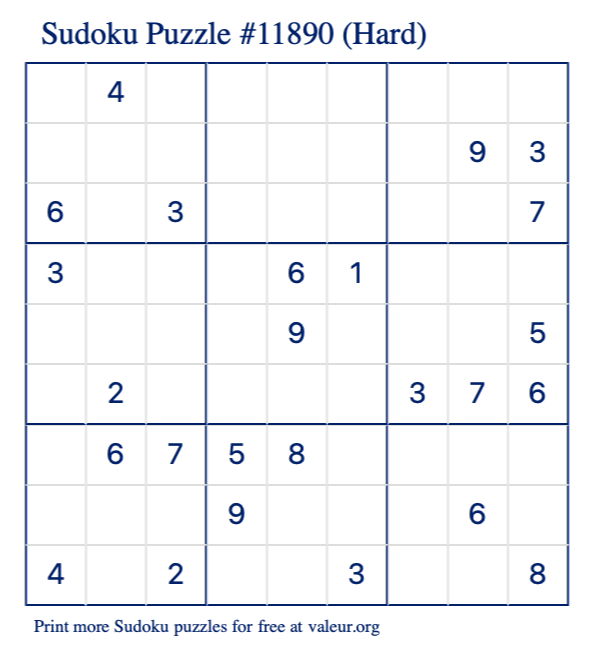 Free Printable Hard Sudoku Puzzle number 11890