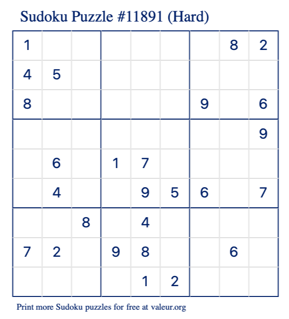 Free Printable Hard Sudoku Puzzle number 11891