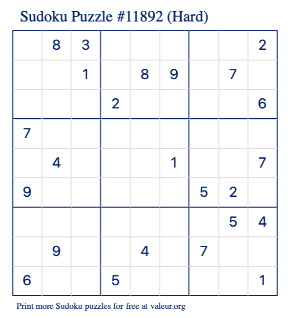 Free Printable Hard Sudoku Puzzle number 11892