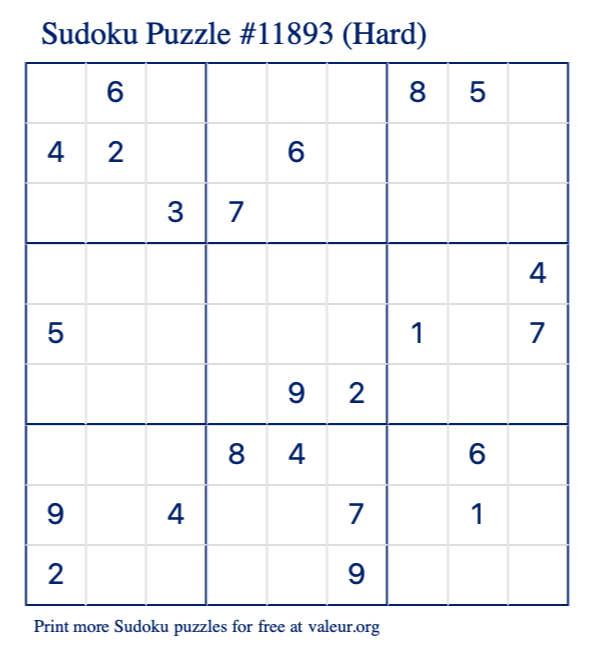 Free Printable Hard Sudoku Puzzle number 11893