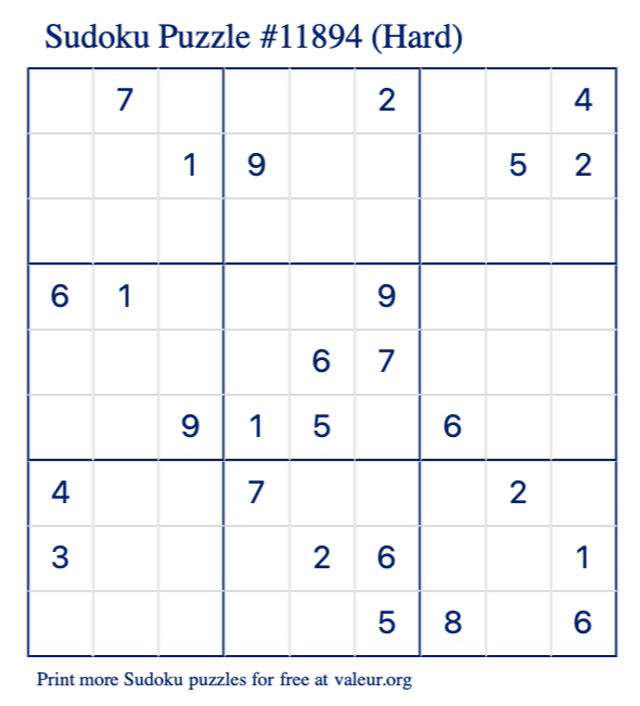 Free Printable Hard Sudoku Puzzle number 11894