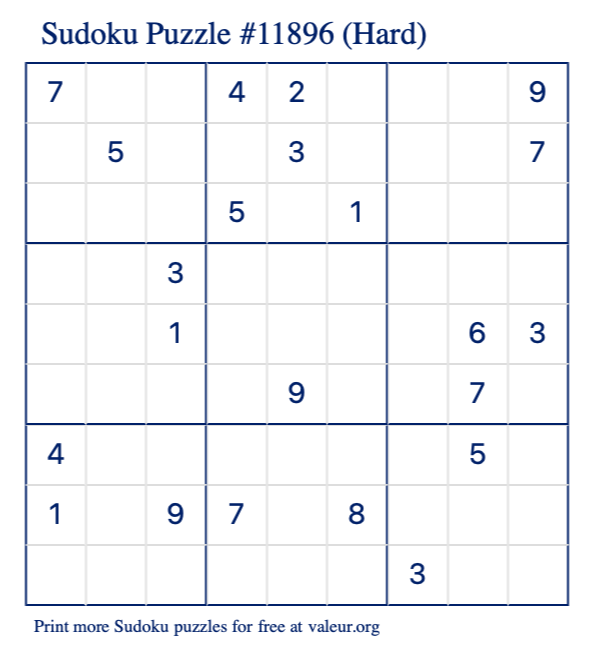 Free Printable Hard Sudoku Puzzle number 11896