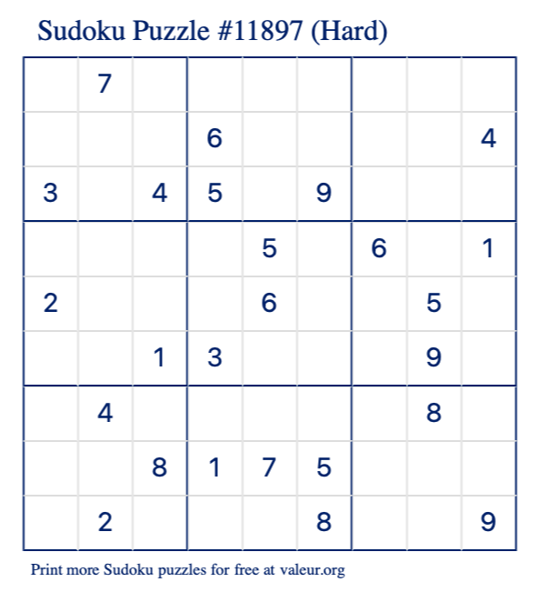 Free Printable Hard Sudoku Puzzle number 11897