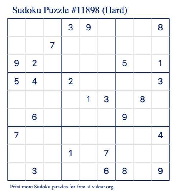 Free Printable Hard Sudoku Puzzle number 11898